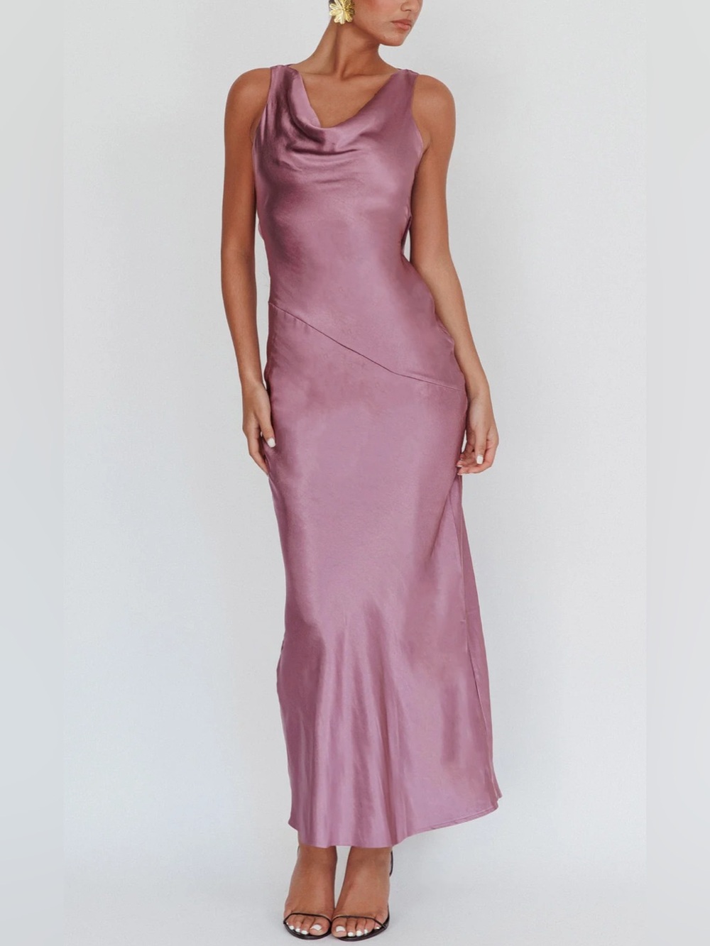 Selfie Leslie Satin Cowl Neck Cassiopeia Open Back Maxi Dress Grape